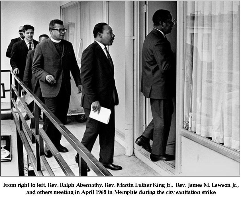 From right to left, Rev. Ralph Abernathy, Rev. Martin Luther King Jr. Rev. James M. Lawson Jr, and other meeting in April 1968 in Memphis during the city sanitation strike.